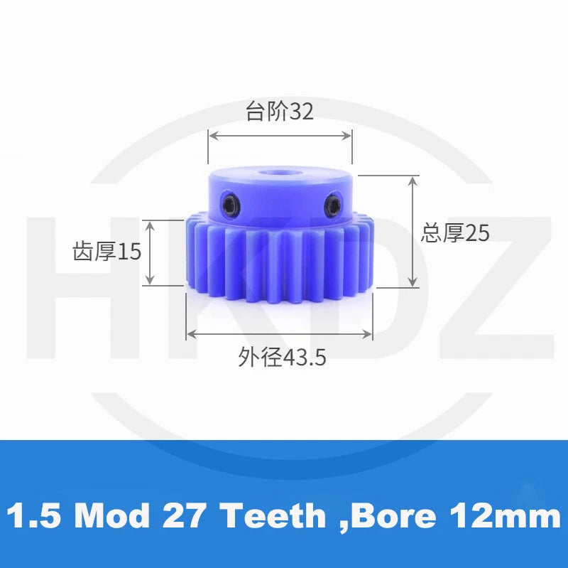 1.5 Mod Blue Nylon Spur Gear 15-60T,Bore 6-12mm Pinion Gear With Step Motor Gear