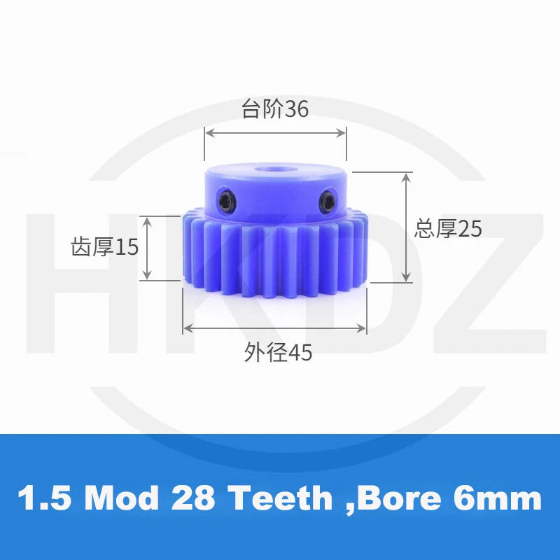1.5 Mod Blue Nylon Spur Gear 15-60T,Bore 6-12mm Pinion Gear With Step Motor Gear