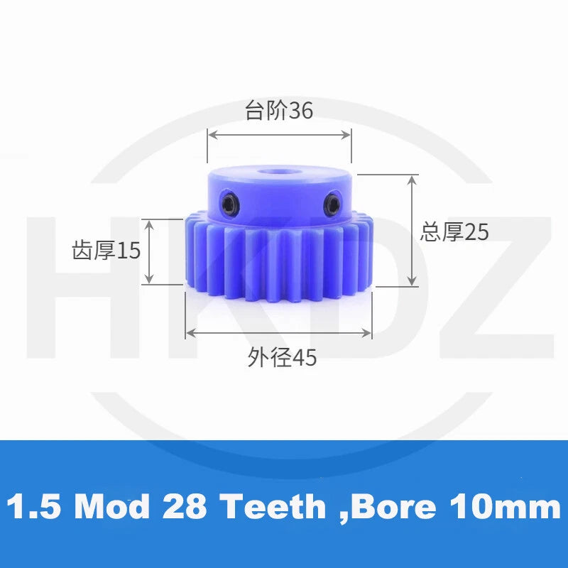 1.5 Mod Blue Nylon Spur Gear 15-60T,Bore 6-12mm Pinion Gear With Step Motor Gear