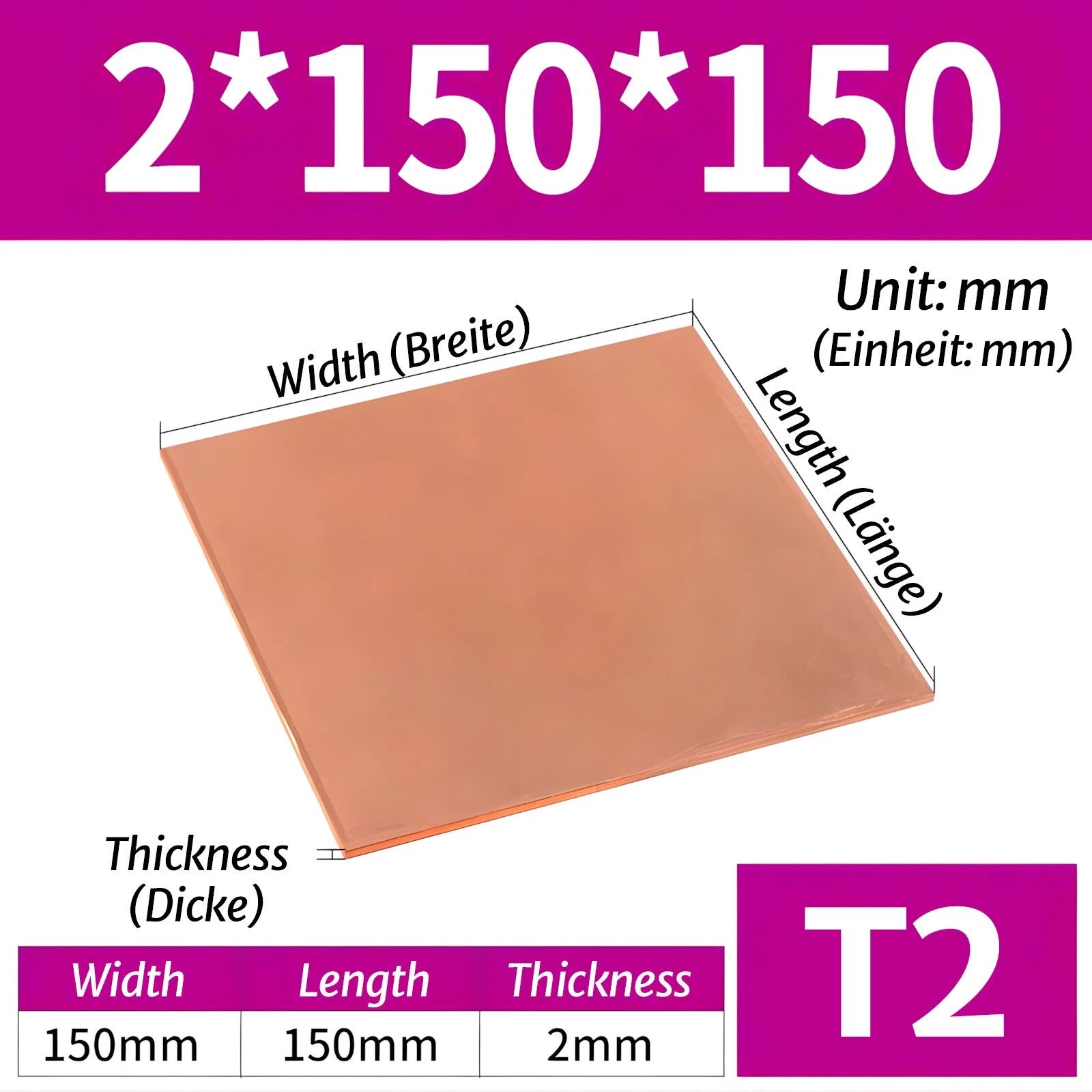 T2 Pure Copper Sheet/Plate Copper Block Laser Cut Many Sizes 0.3mm - 8mm Thick