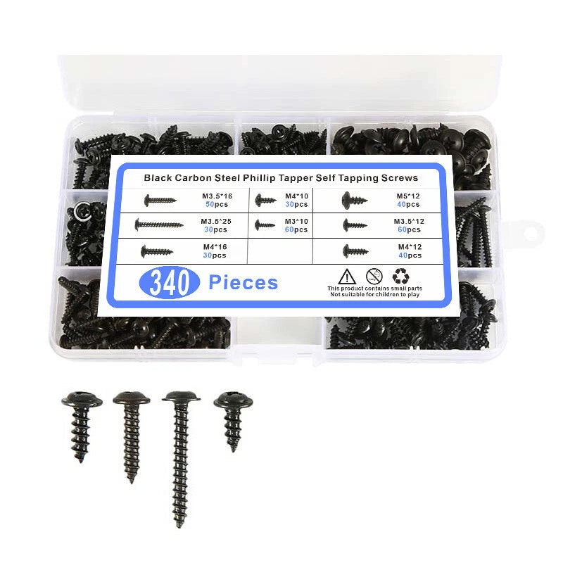 340pcs Black Modified Truss Head Self Tapping Screws Set – M3 M3.5 M4 M5