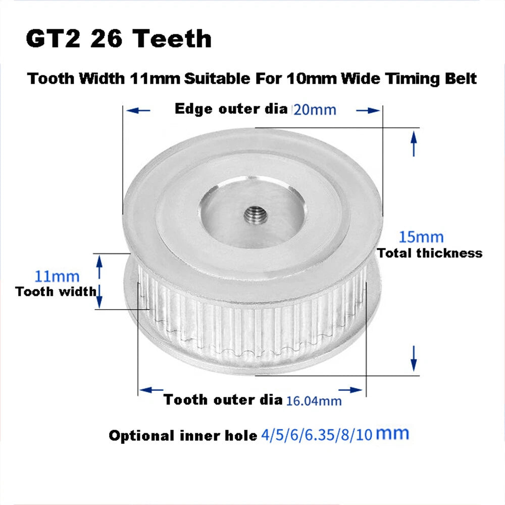 GT2 For 10mm Timing Belt,Idler Drive Pulley 20/22/24/25/26/28/30 Tooth 3-12 Bore