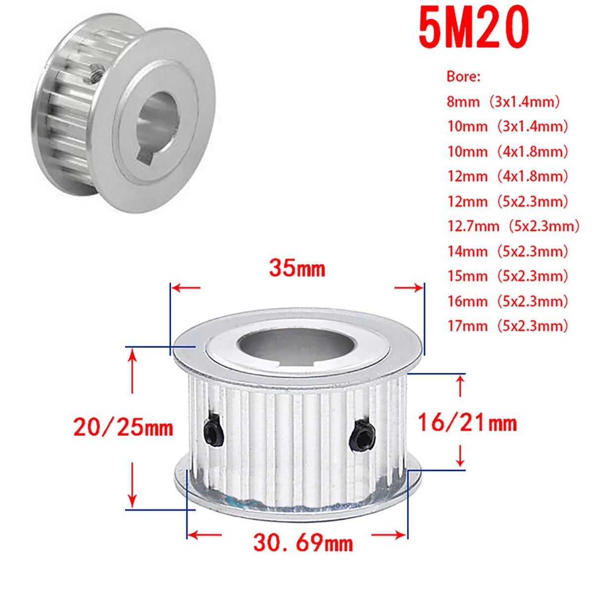 5M Timing Belt Pulley 15T-60T keyway Bore AF-type 16/21mm Belt Synchronous Wheel