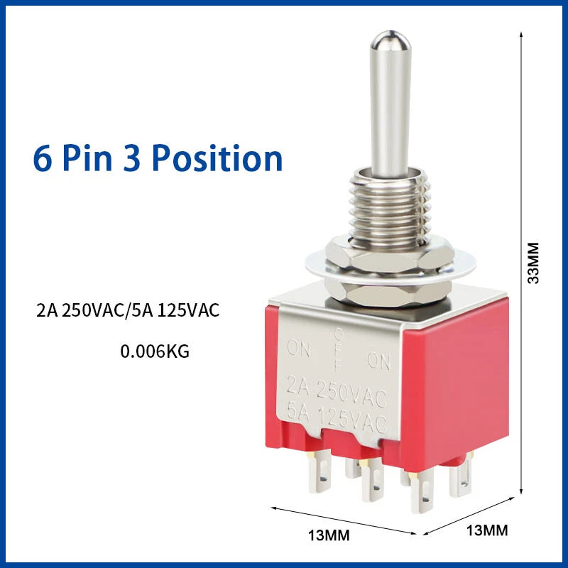 MTS 6mm Mini Toggle Switch – 3 & 6 Pin, 2 & 3 Position, On-Off / On-Off-On