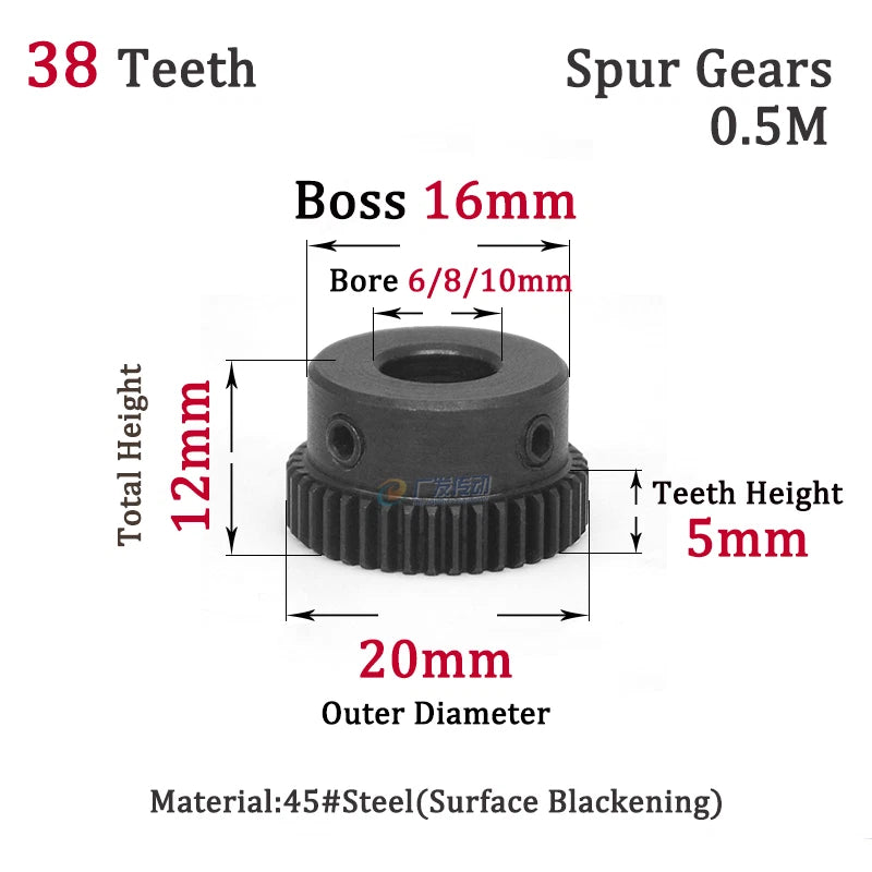0.5M 30T-38T Spur Gears Steel Pinion Gears Metal Spur Transmission Gear 45 Steel