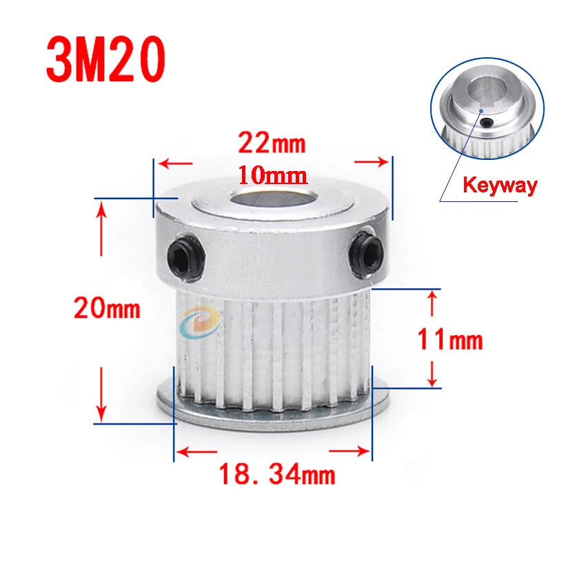 3M 20T-100T Timing Belt Pulley With Step/Keyway, Bore 8-25mm,For 10mm Width Belt