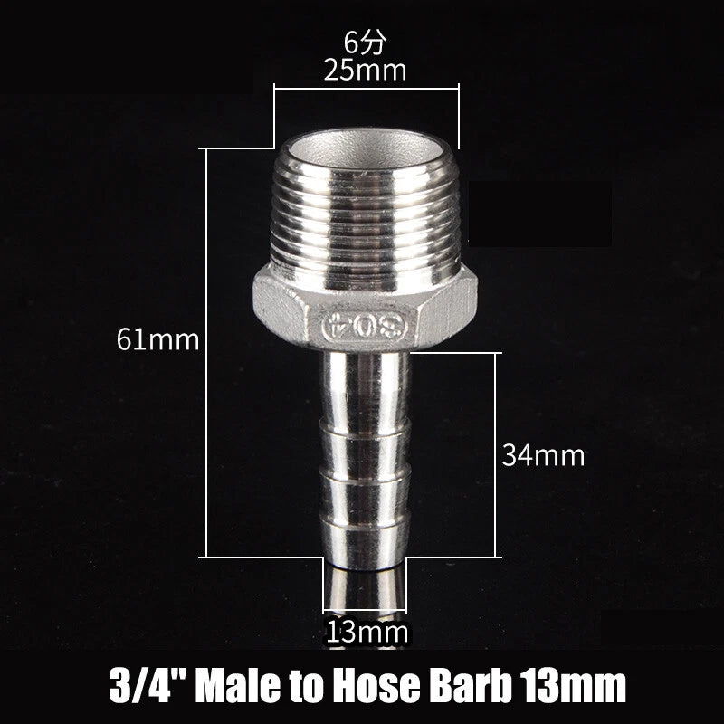 BSP Stainless Steel Male Hose Barb Fitting — 1/2" & 3/4" to Barb Connector