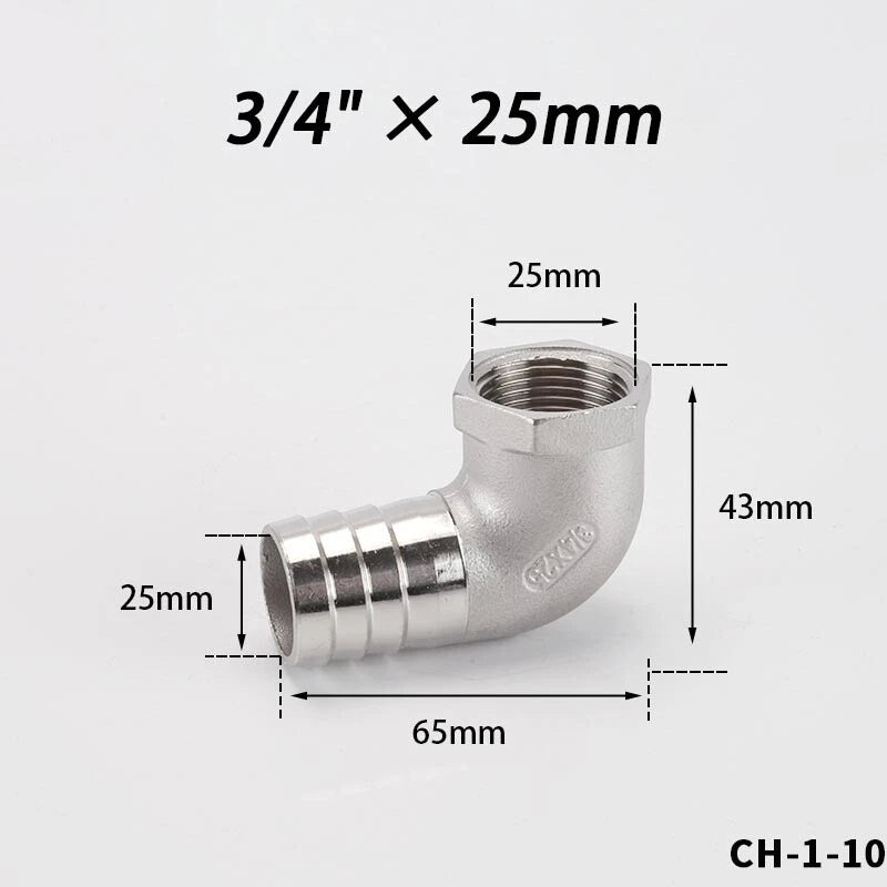 Stainless Steel Female Fitting x Barb Hose Tail End Elbow Connector 1 4" - 11 2"