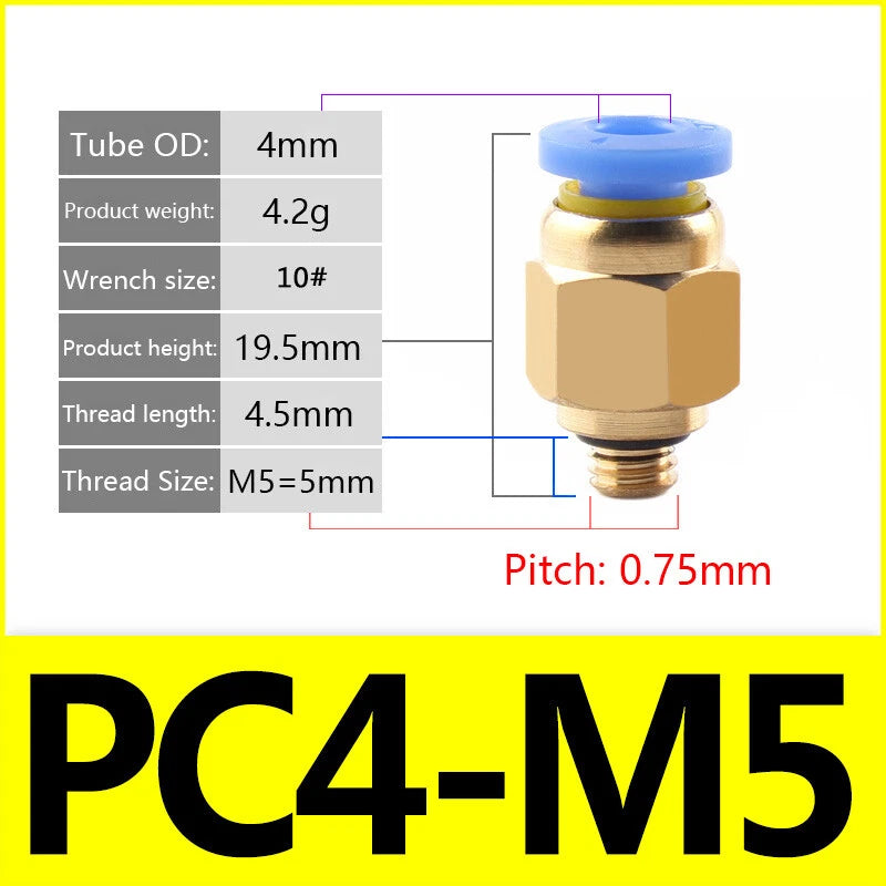 Pneumatic Straight Male Stud Push-to-Connect Fitting | PC4–PC12 × M5–M16