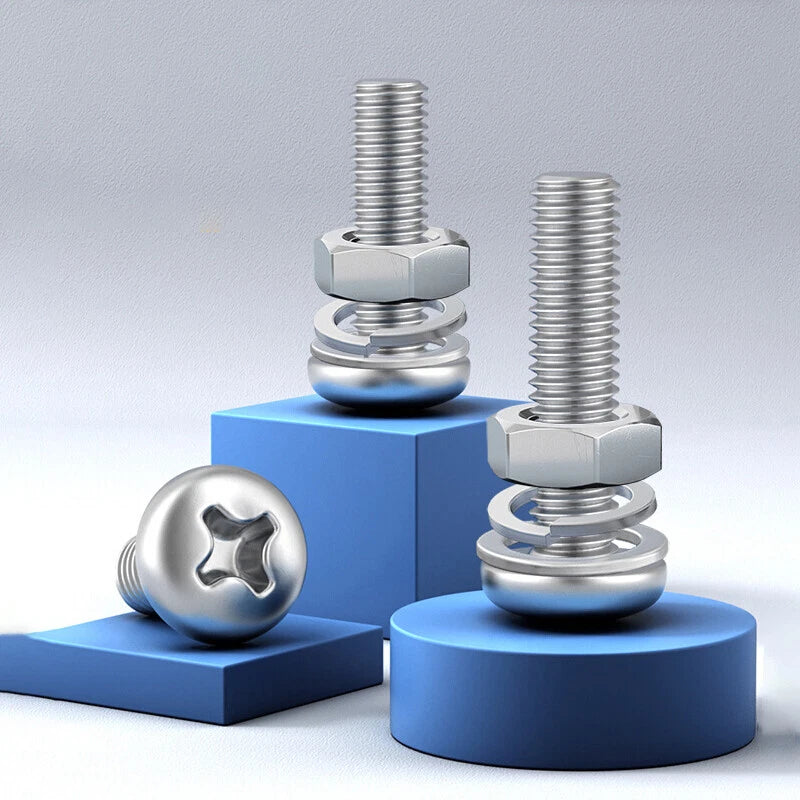 M2–M10 Phillips Pan Head Machine Screws with Nuts and Washers — A2 Stainless Steel