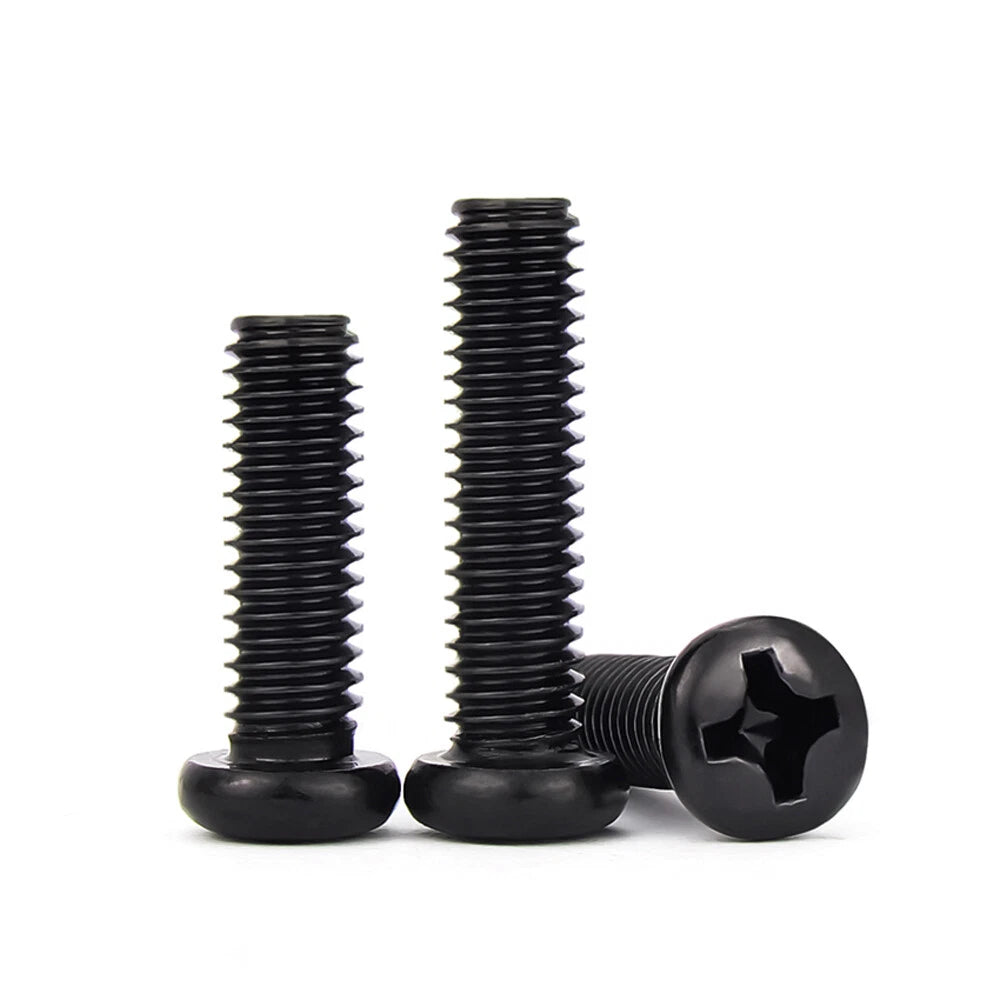 Black Phillips Pan Head Machine Screws – Carbon Steel Nickel Plated, M1 to M8 (2–50mm Lengths)