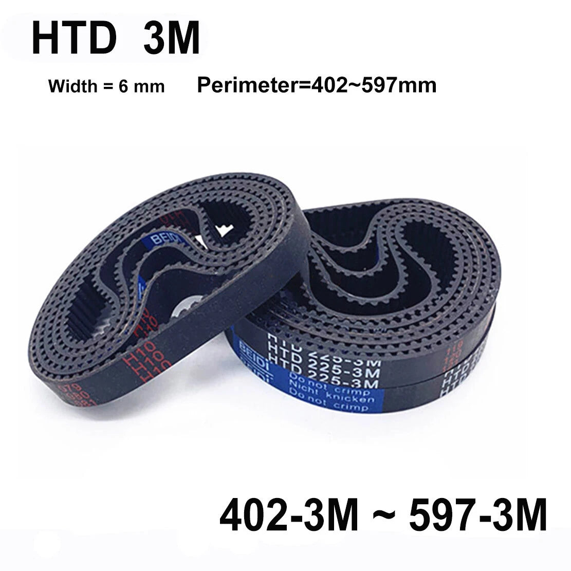HTD 3M Timing Belt 6mm Wide, Closed Loop Synchronous Belt, L=402–597mm, Black Rubber