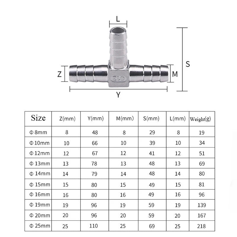 304 Stainless Steel Barbed Tee Connector — T-Shape Hose Fitting 6–25mm