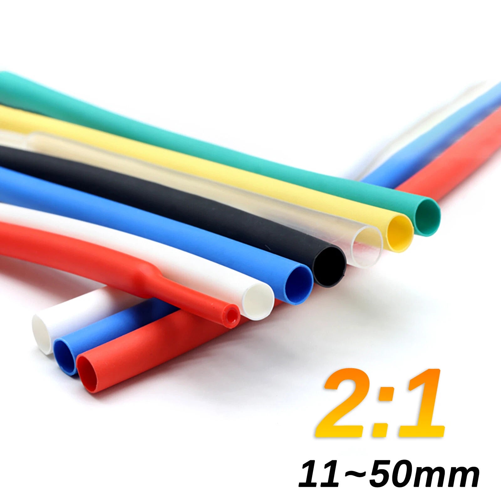 2:1 Heat Shrink Tubing — Electrical Wire Sleeving, 7 Colors, 11mm–50mm
