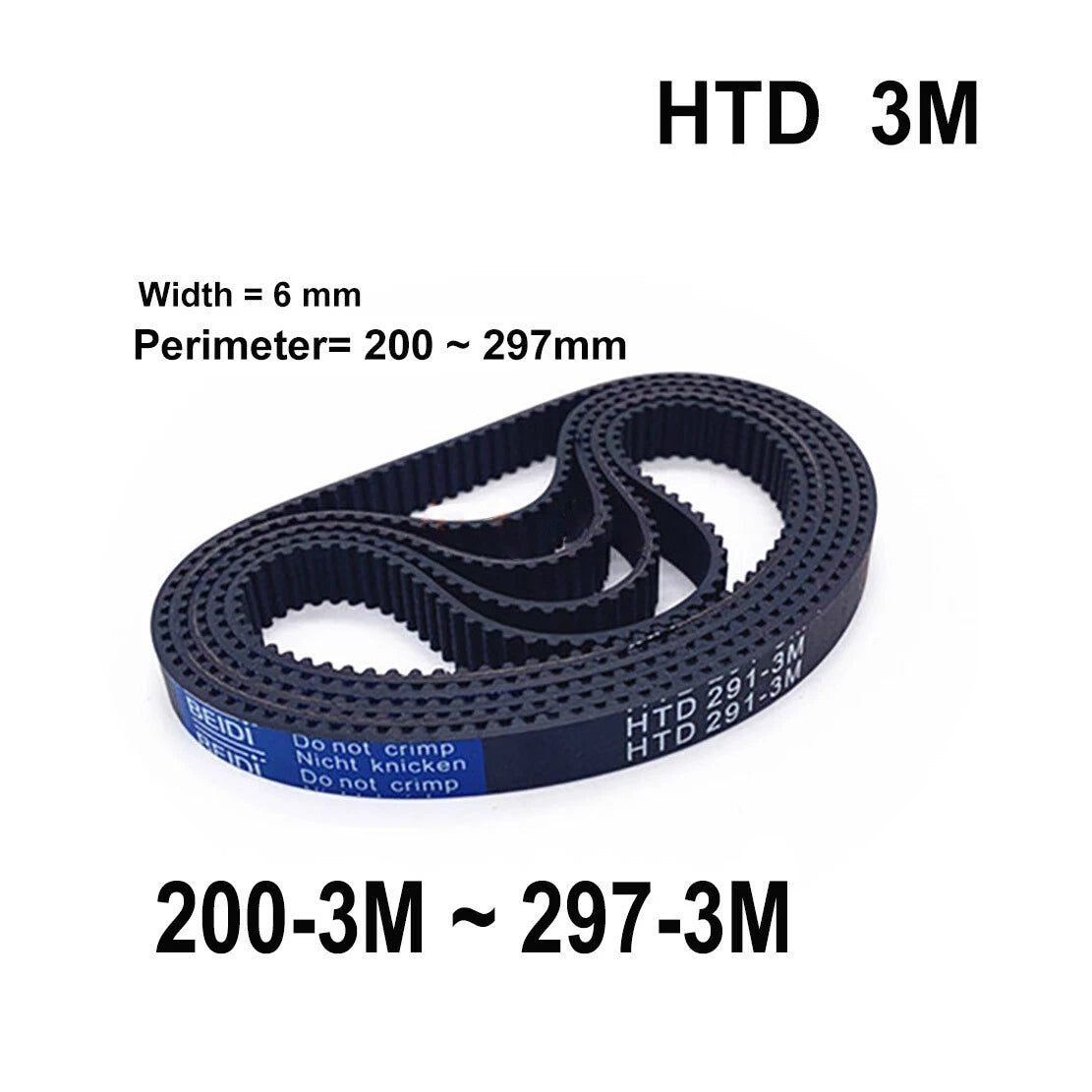 HTD 3M Timing Belt 6mm Wide — Perimeter 201mm to 297mm Closed Loop Drive Belt