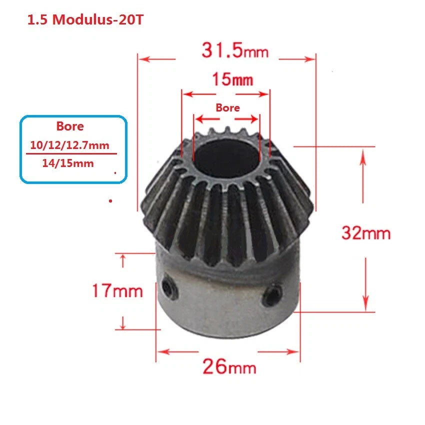1.5 Modulus Metal Umbrella Gear 20/40T 90° 1:2 Pairing Bevel Gear Bore 8-20mm