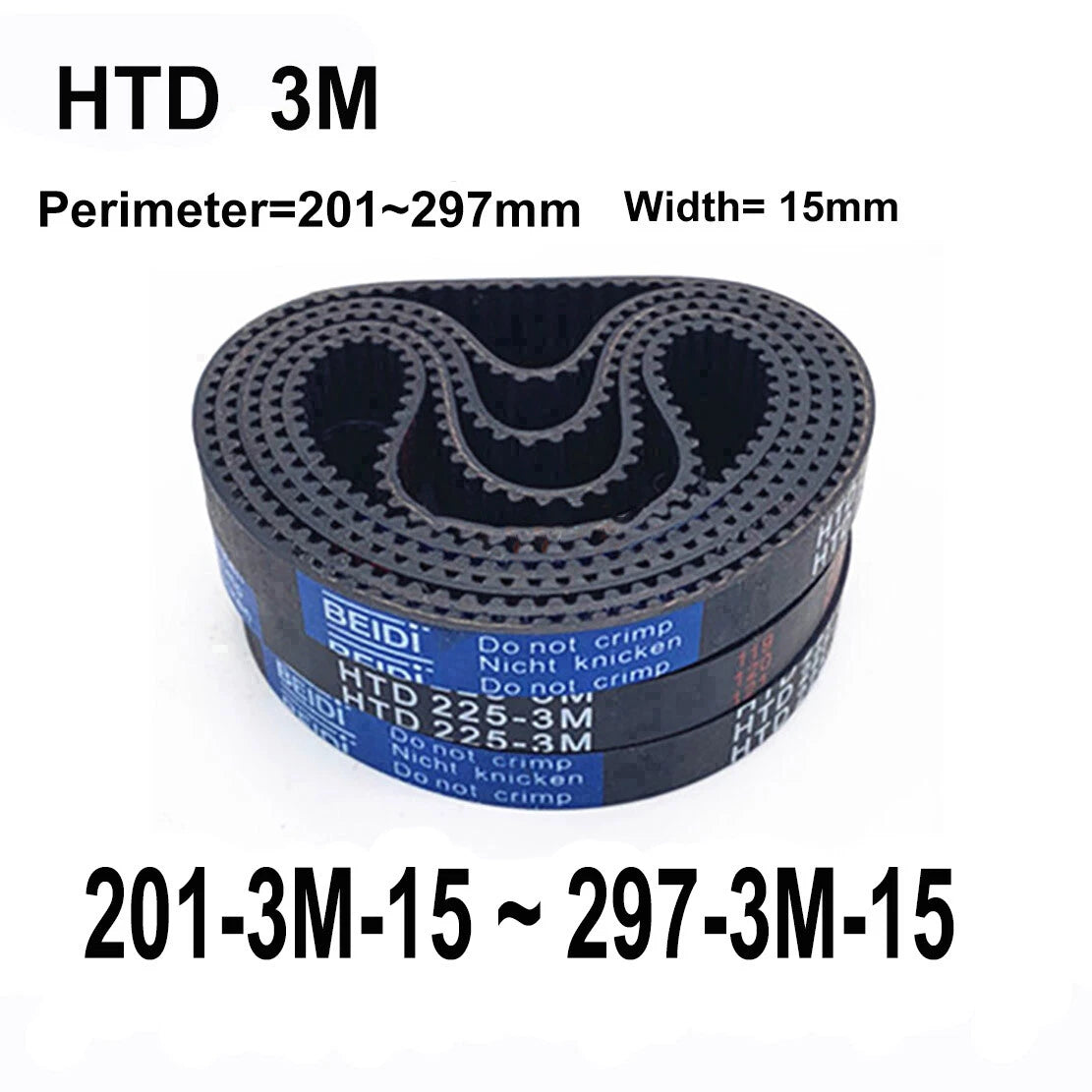 HTD 3M Timing Belt 15mm Wide – Closed Loop Synchronous Belt 201mm to 297mm