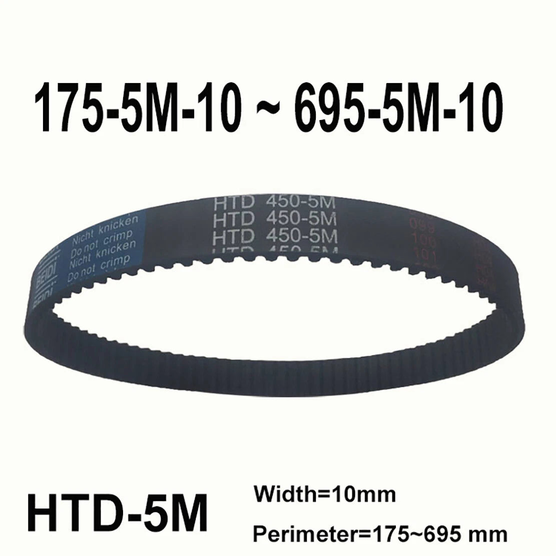 HTD 5M Timing Belt 10mm Wide | Closed Loop Synchronous Belt | 175–695mm Perimeter