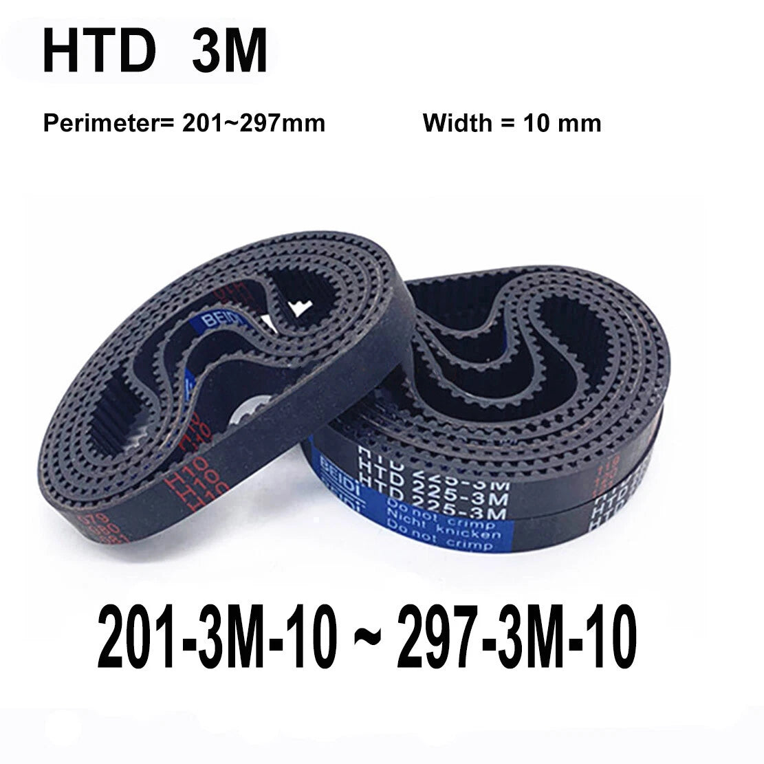 HTD 3M Timing Belt — 10 mm Wide, 201–297 mm Perimeter, Closed Loop Synchronous Belt