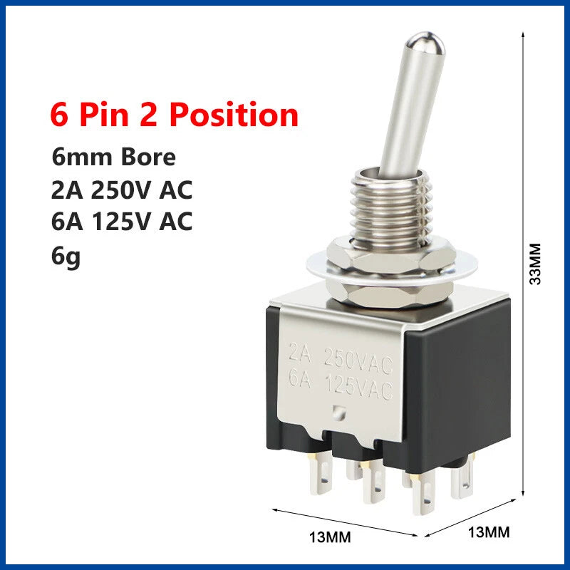 6mm Toggle Switch – SPST/SPDT, 3 & 6 Pin, 2 & 3 Position, 125V/250V, with Waterproof Cap Option