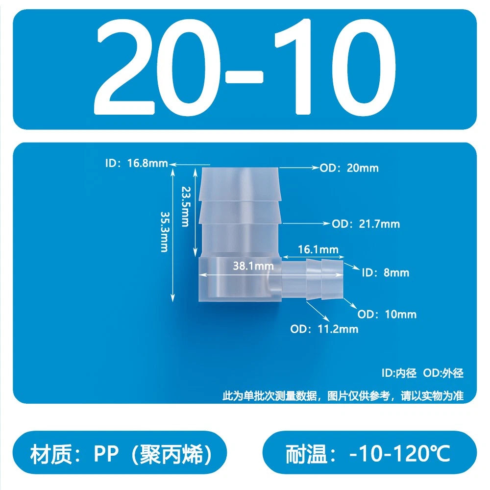 90° Elbow Plastic Barbed Joiner Reducer Connector Pipe Tube Hose Water 1.6-25mm