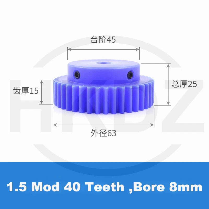 1.5 Mod Blue Nylon Spur Gear 15-60T,Bore 6-12mm Pinion Gear With Step Motor Gear