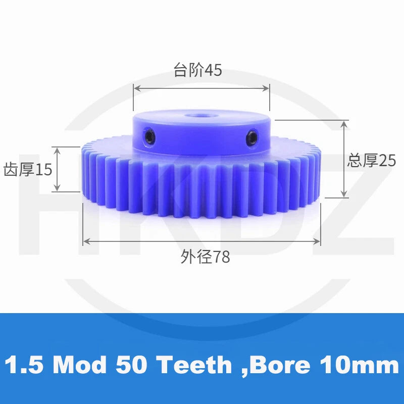 1.5 Mod Blue Nylon Spur Gear 15-60T,Bore 6-12mm Pinion Gear With Step Motor Gear