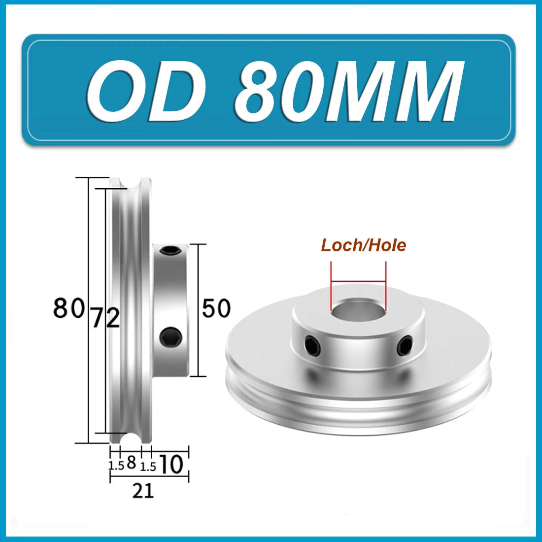 Aluminium U Pulley Single-Slot OD 30mm~100mm for Motor Machine 8MM PU Round Belt