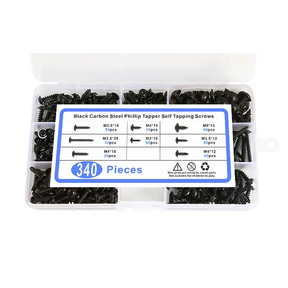 340pcs Black Modified Truss Head Self Tapping Screws Set – M3 M3.5 M4 M5