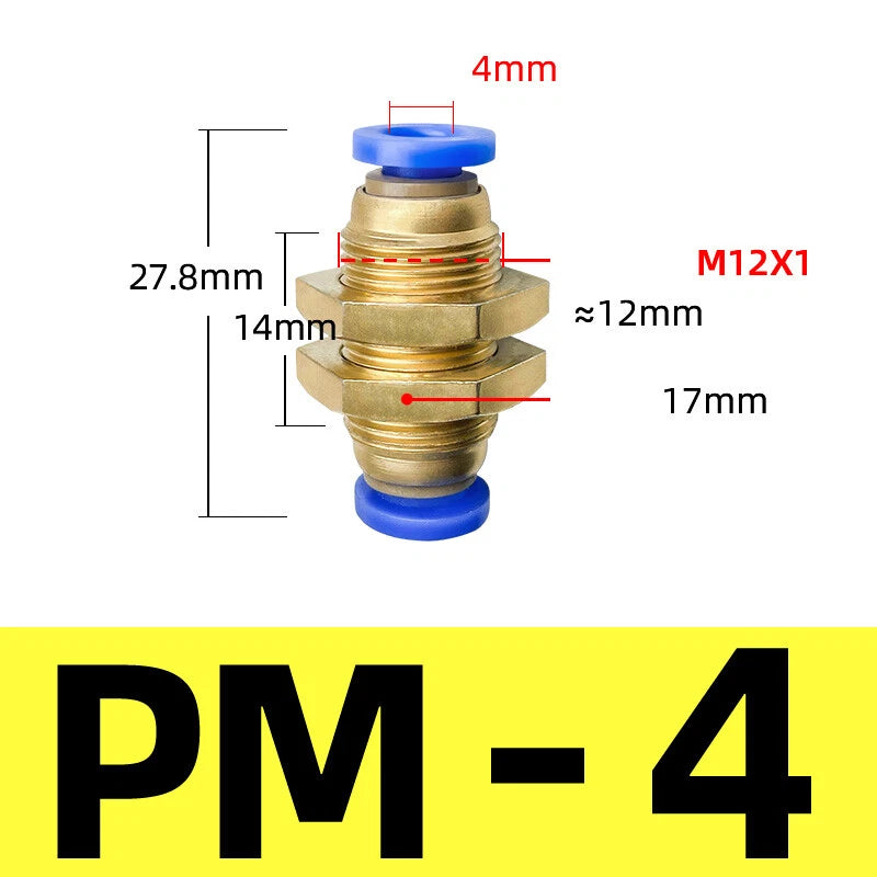 Brass Push-to-Connect Pneumatic Bulkhead Union Fittings — 4mm 6mm 8mm 10mm 12mm