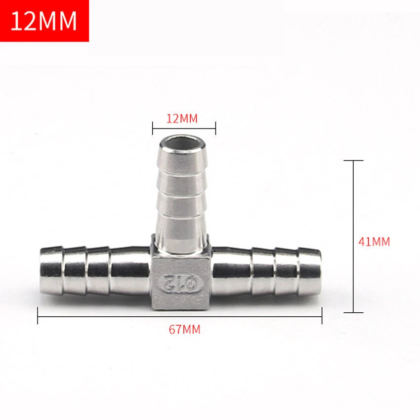 Stainless Steel Barbed T-Piece 3-Way Hose Joiner Connector — Fuel, Air, Water & Oil Lines