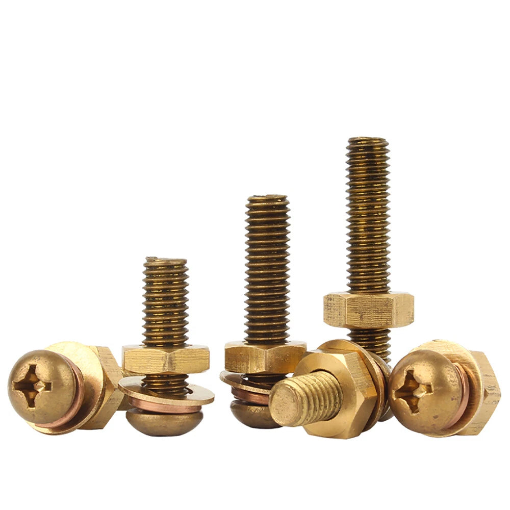 Brass Pan Head Phillips Machine Screws with Nuts & Washers M3 M4 M5 M6 M8 — 4mm to 60mm, Packs of 1–50