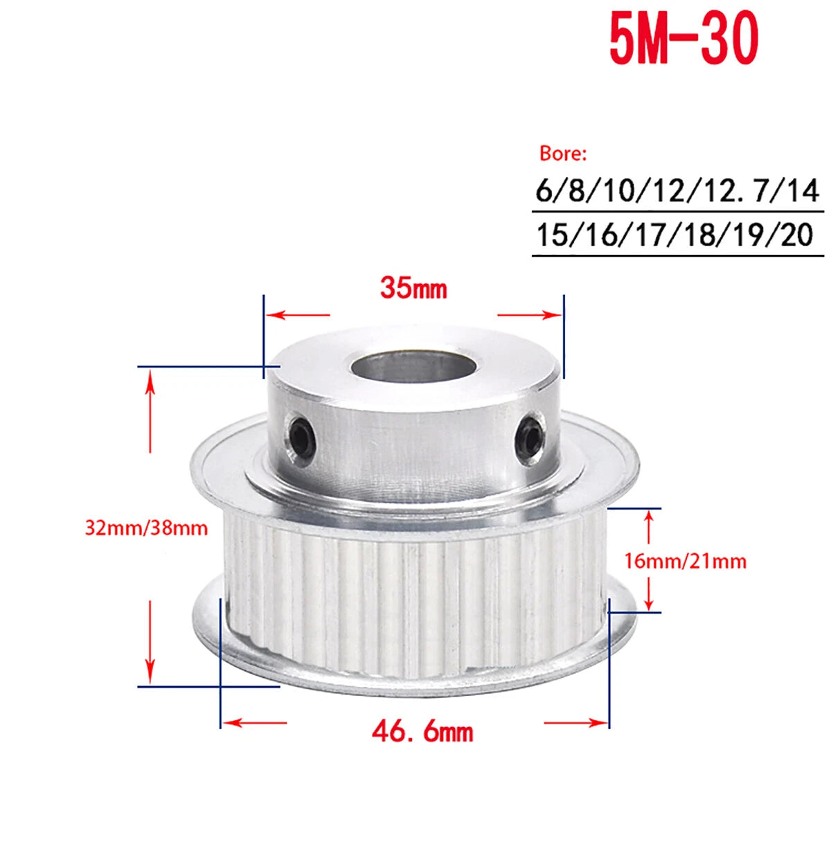 14 - 60 Teeth HTD-5M Timing Belt Pulley Bore 5mm-25mm for Reprap 3D Printer CNC