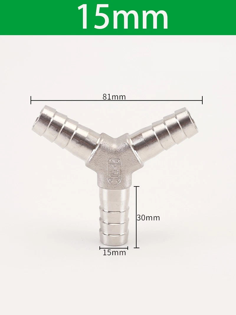 Stainless Steel 3-Way Hose Barbed Connector — T Piece & Y Piece, 8mm–32mm
