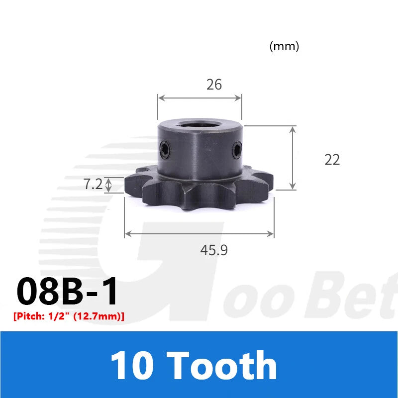 08B-1 1/2" Pitch Roller Chain Sprocket C45 Steel 10-20 Tooth 10-40mm Bore Black