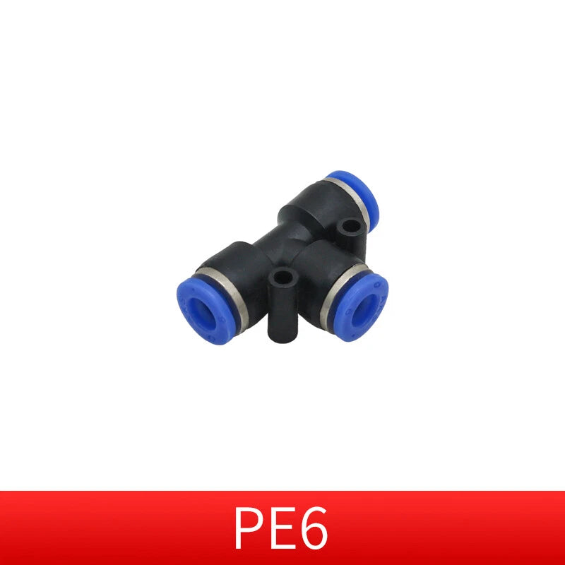 Pneumatic Push-in T-Shape 3-Way Fitting — Air Water Tube Connector PE4–PE16 & Reducing