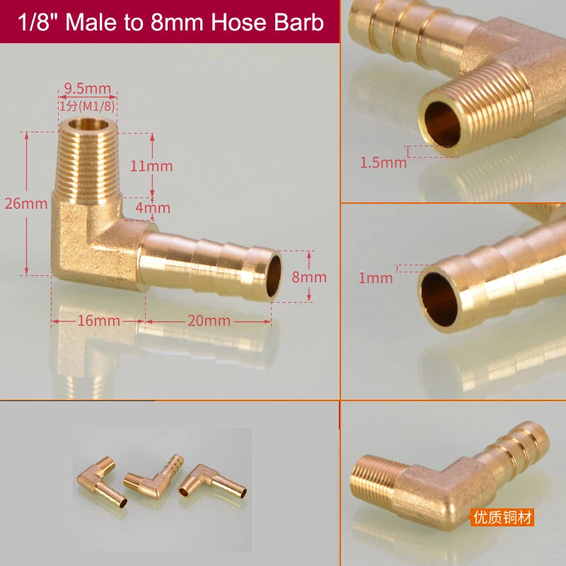Brass Hose Barb Elbow Fittings — Male BSP to Metric Barb, 1/8" to 3/4" BSP