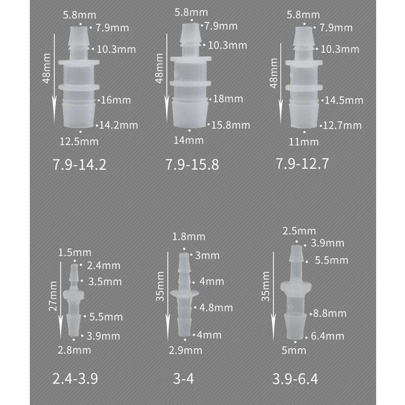 Straight Hose Barb Reducer Connector — Plastic Pipe Fitting 2.4–15.8mm