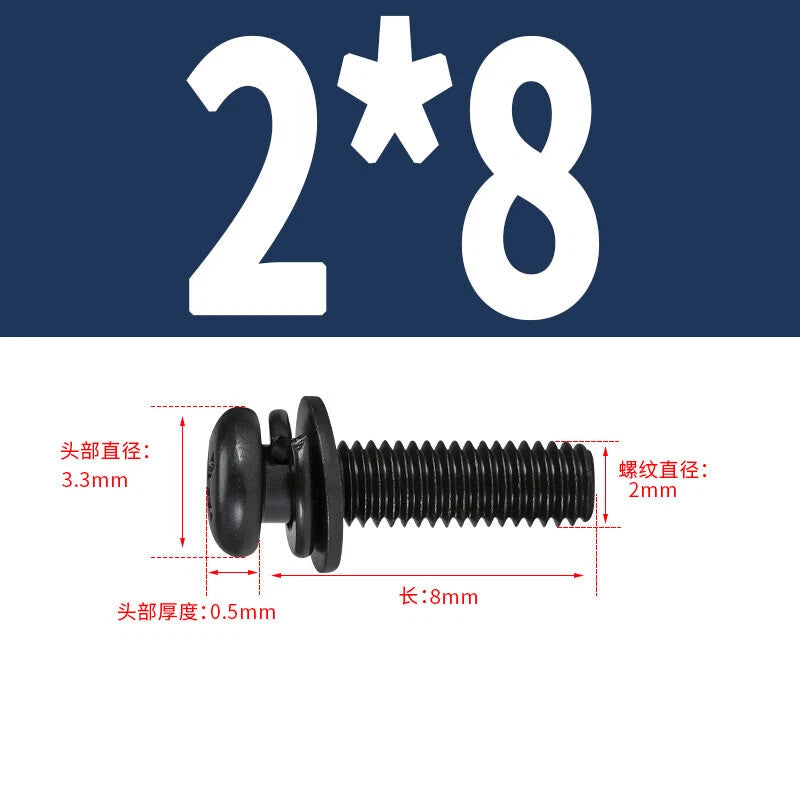 Black Zinc Pan Head Machine Screws with Washers, M2–M6 Pozi Phillips Drive