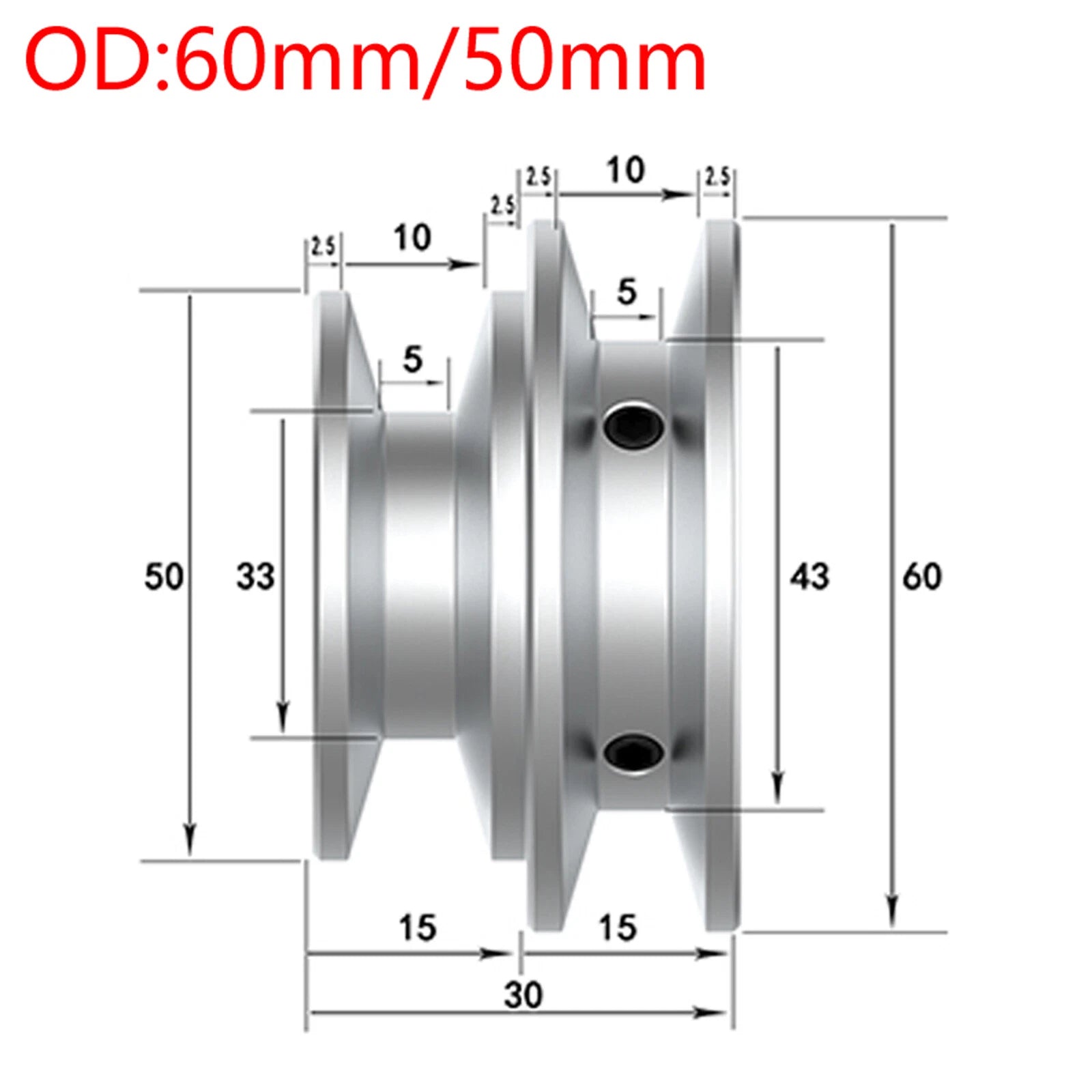 OD 32-60mm Double V-Groove Aluminum Drive Pulley For O(Z)-Section V-Belt Pulleys