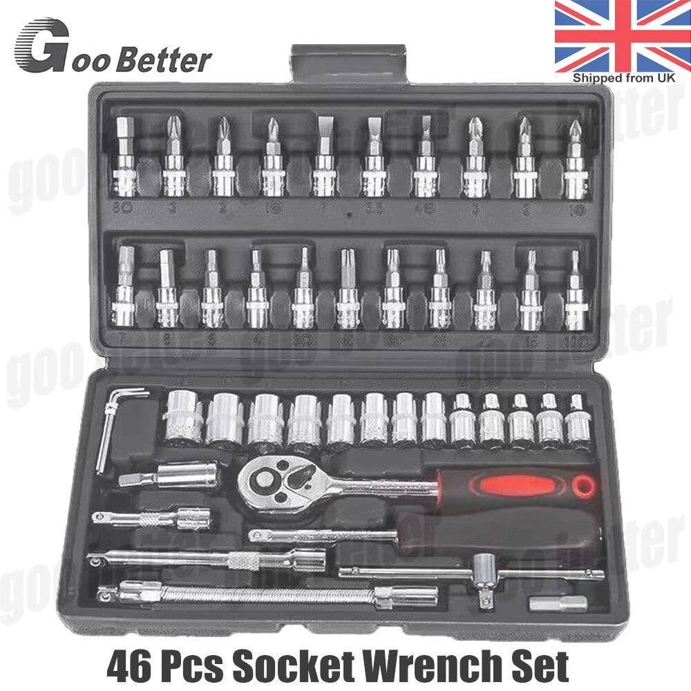 46PCS 1/4" Drive Spanner Socket Ratchet Wrench Set Car Repair Tool Kit with Case