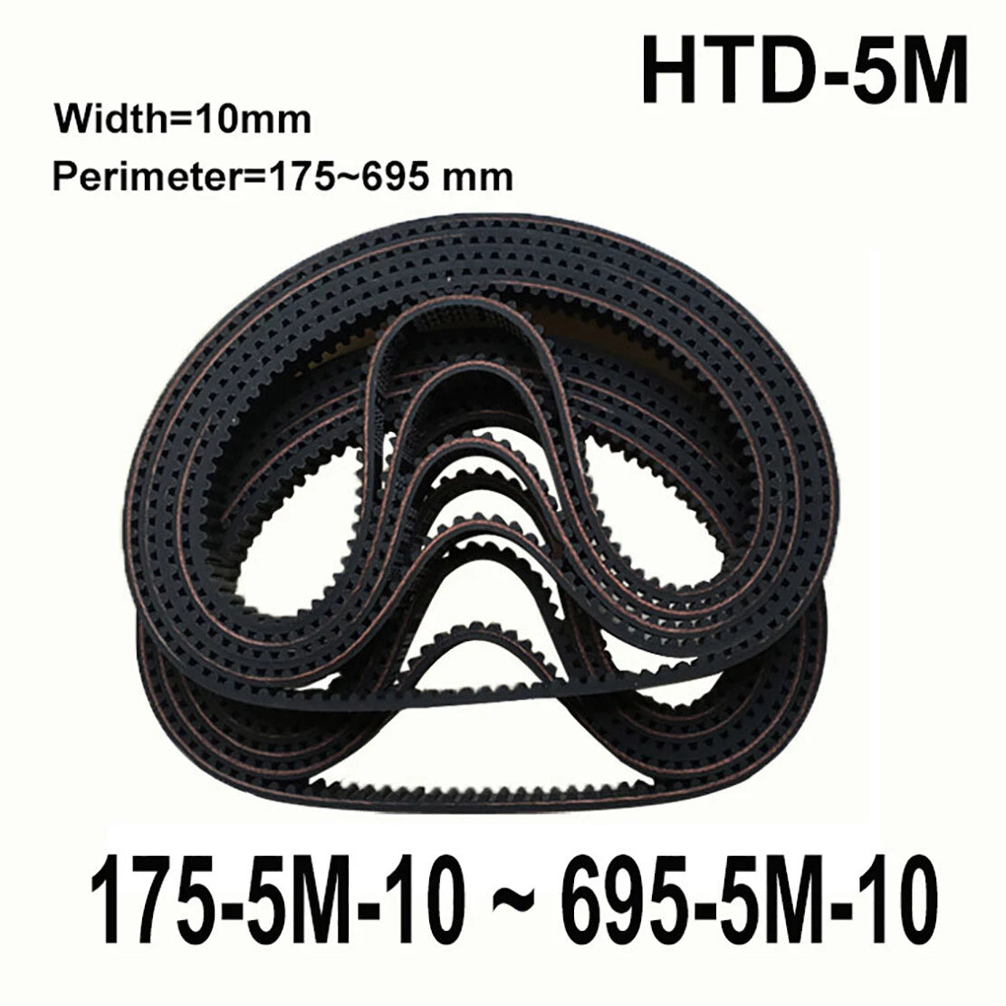 HTD 5M Timing Belt 10mm Wide | Closed Loop Synchronous Belt | 175–695mm Perimeter