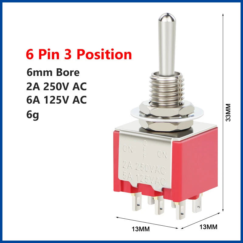 6mm Toggle Switch – SPST/SPDT, 3 & 6 Pin, 2 & 3 Position, 125V/250V, with Waterproof Cap Option