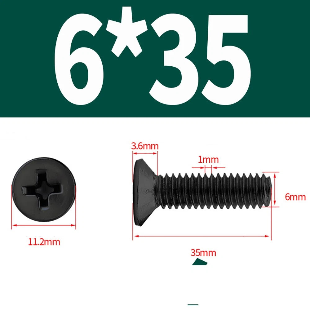 Black Phillips Flat Head Countersunk Machine Screws — Carbon Steel M1–M6