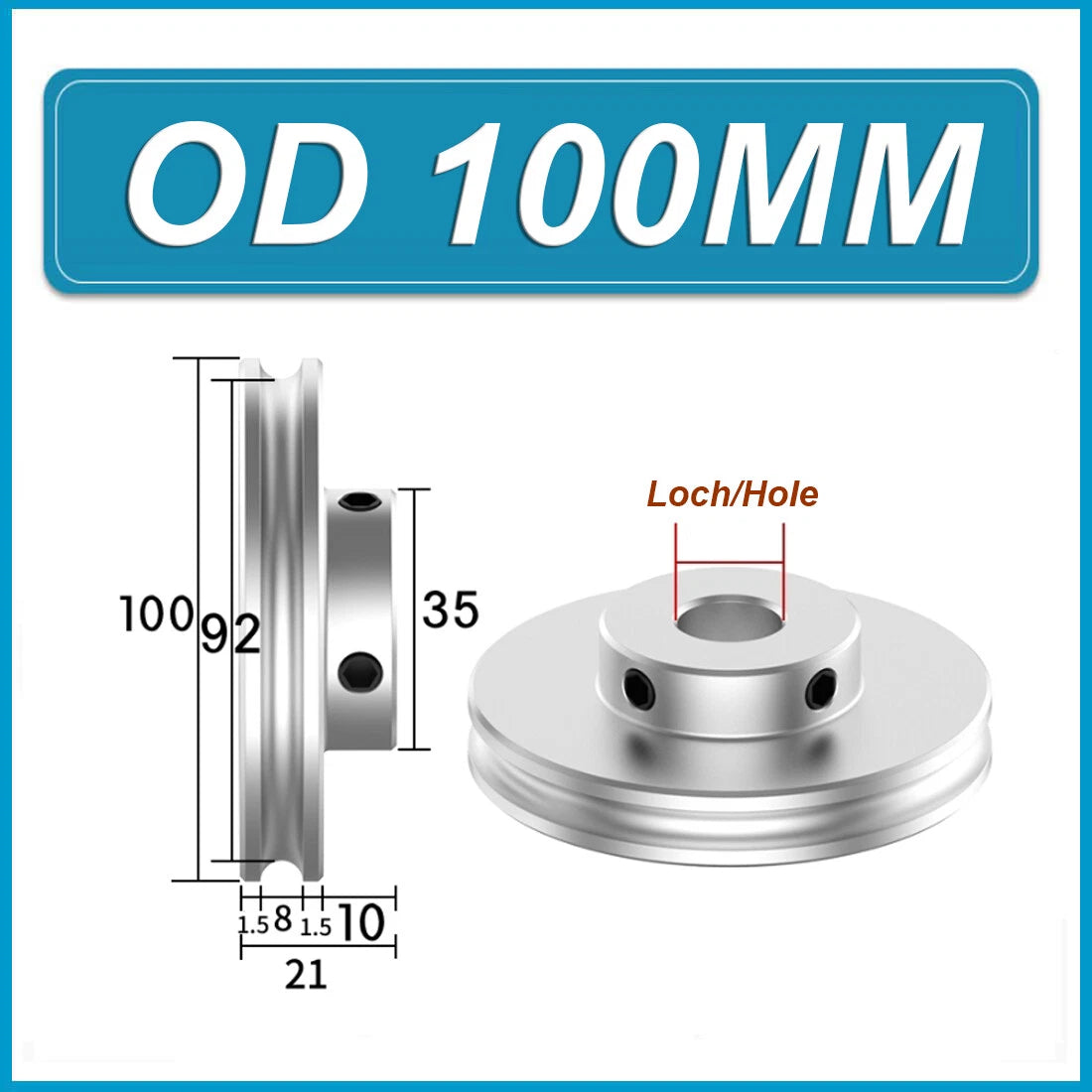 Aluminium U Pulley Single-Slot OD 30mm~100mm for Motor Machine 8MM PU Round Belt