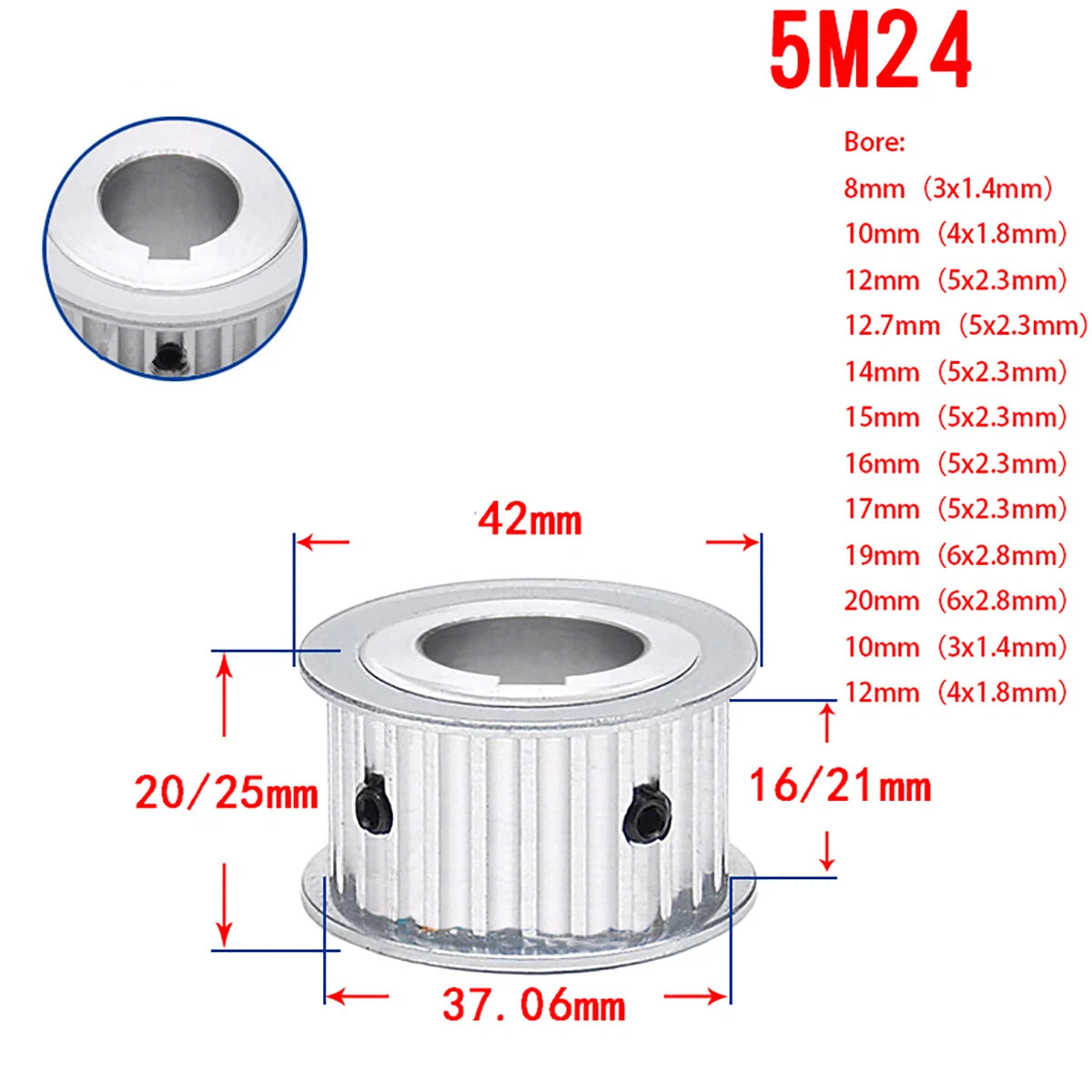 5M Timing Belt Pulley 15T-60T keyway Bore AF-type 16/21mm Belt Synchronous Wheel