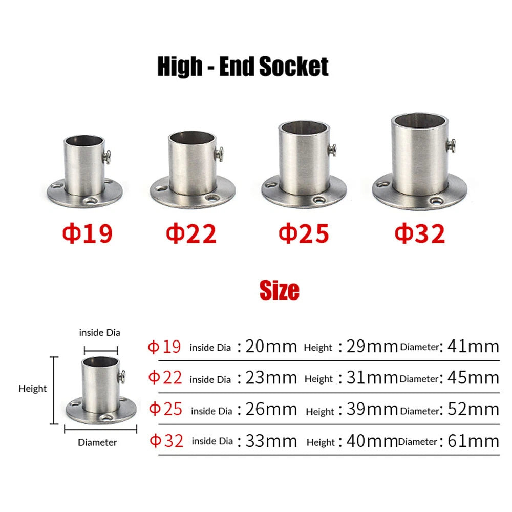 Stainless Steel Wardrobe Rail Brackets & Sockets — End & Centre, Short & High Profile
