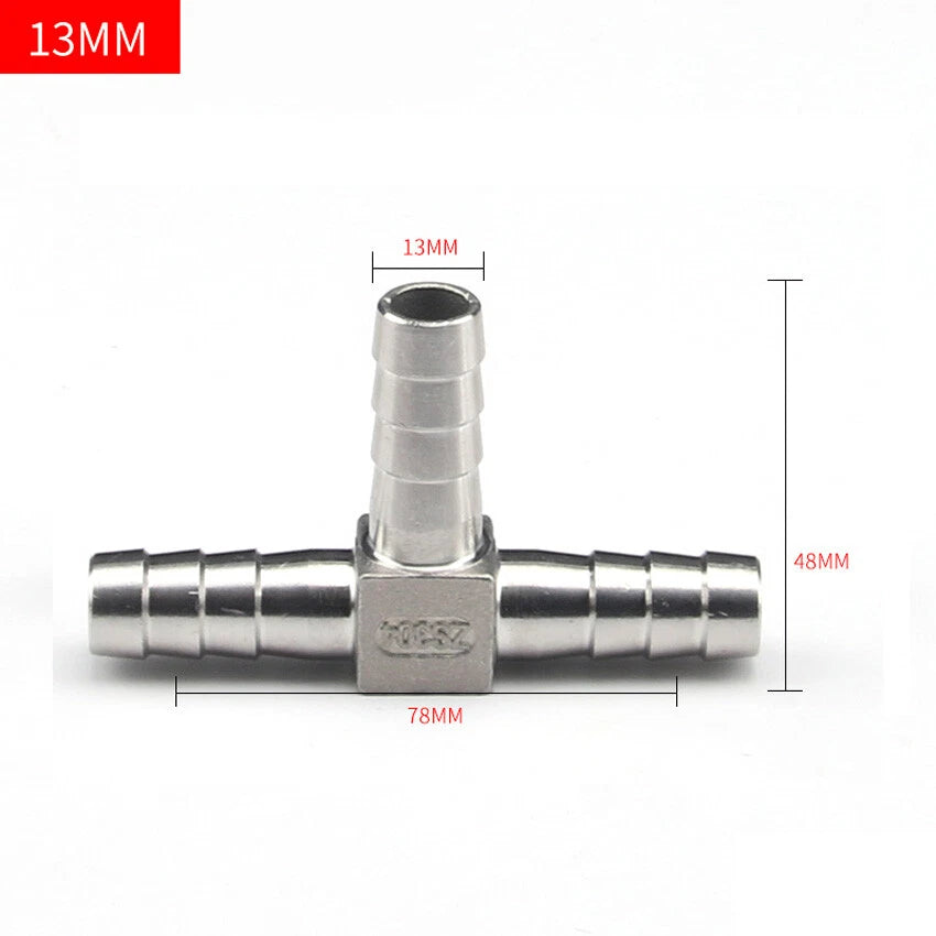Stainless Steel Barbed T-Piece 3-Way Hose Joiner Connector — Fuel, Air, Water & Oil Lines
