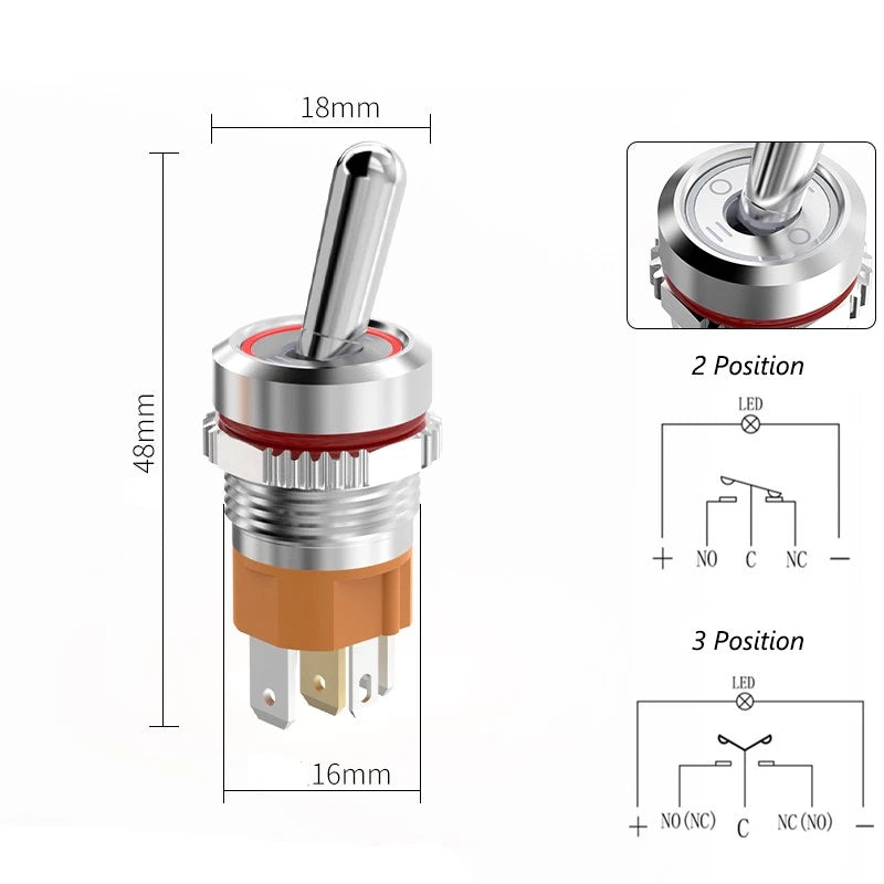 16mm LED Toggle Switch ON/OFF 2/3 Position Chrome Brass Black Oxide 20A 250VAC Waterproof