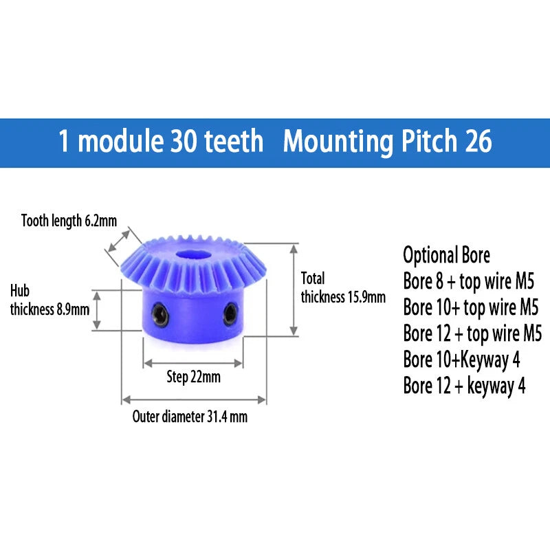 1/1.5/2 Mod Bevel Gear 15T-30T 90°1:1 Pairing Plastic Nylon Transmission Gear